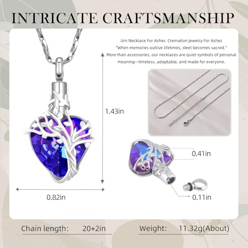 Tree Of Life Heart Urn Necklace For Ashes Cremation Jewelry For Loved Ones Silver-Blue