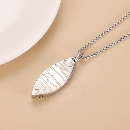 Cremation Jewelry Stainless Steel Surfboard Urn Necklace For Ashes For Women Men Surf Keepsake Necklace Silver