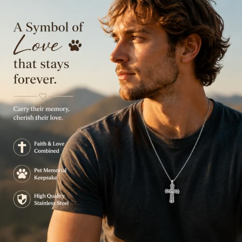 TANGPOET Cross Ashes Necklace 925 Sterling Silver Black Urn Necklace, Cremation Jewelry for Ashes Pendant, Gifts for Men Women Dog Paw