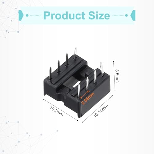 QUARKZMAN Pack of 80 DIP IC Sockets, 8-Pin Dip IC Sockets, 2.54 mm Pitch Flat Pin Chip Connector Adapter for Breadboard Project, PCB Board Design, Black 8 pin