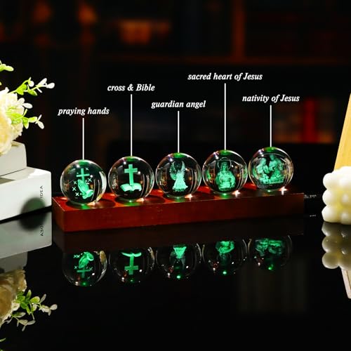 YWHL Religious Christian Gifts for Women Men, 3D Crystal Religious Ball Religious Balls + Colorful Lights (Dark Base)