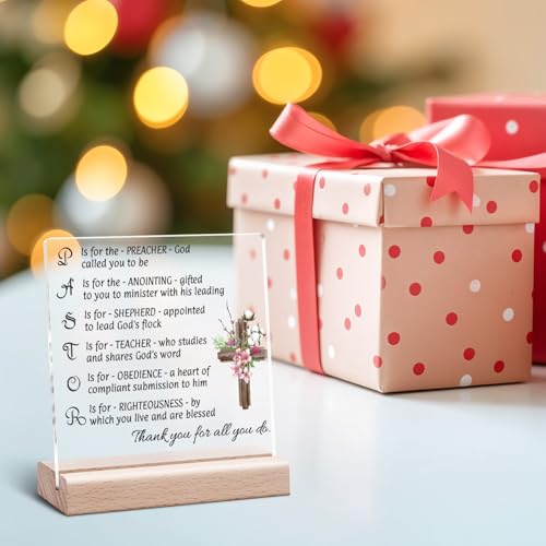 Pastor Appreciation Gifts Pastor Gift Clear Desk Decorative Sign Religious Christian Present for Men Office Decor Appreciation Day Birthday Acrylic Sign With Wooden Stand for Desk Table Shelf
