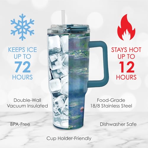 RainCaper 18/8 Stainless Steel Insulated Water Tumbler with Straw | 30oz, BPA-Free, Double Wall for Hot & Cold | Travel-Friendly, Cup Holder Ready (Monet Water Lilies) Monet Water Lilies