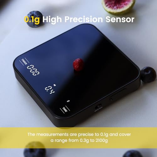 Coffee Scales with Timer for Pour-Over Coffee, 4 Modes Coffee Scales for Espresso, Mirror Display, 0.1g High Precision, Touch Sensor, Rechargeable Kitchen Food Weighing Scales, Max 2kg, Black