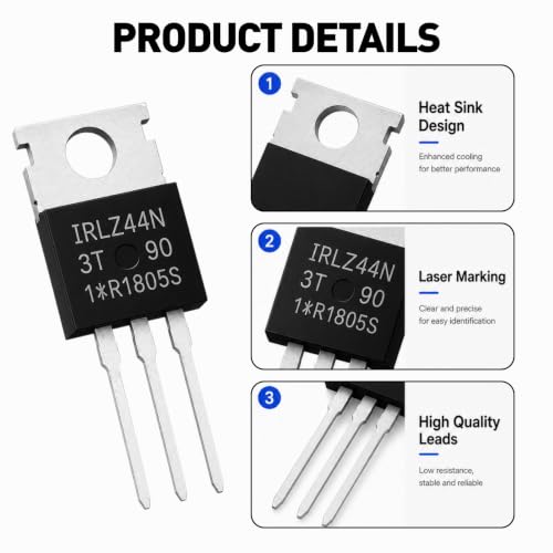 IRLZ44N N-Channel MOSFET 55V 47A TO-220AB Power MOSFET Logic Level for Switching and Control Electronics, IRLZ44NPBF Transistors, Pack of 10