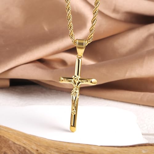 Cross Necklace Stainless Steel Gold/Silver Crucifix Necklace for Men Women A Plated 14k Gold 55+5cm