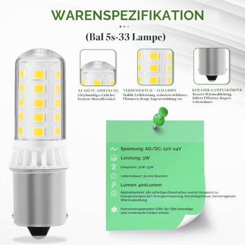 KUNKA B15S 12V Home LED Light Bulb 3W 400 Lumens CRI85 1156 Socket AC12V-24V (Warm White 3000K, Set of 2) Warm White 3,000 K Set of 2