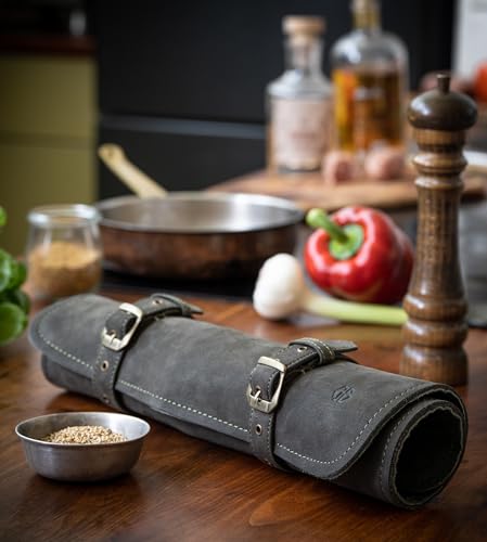 Knife Roll Bag Genuine Leather – Chef`s knife bag 7 slots – Leather Knife Case Sam Green-olive