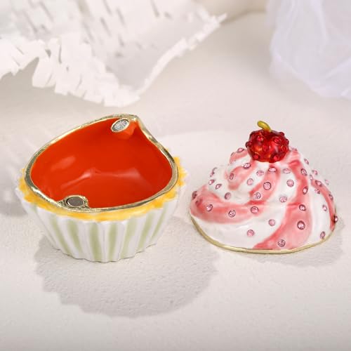 Hand Painted Enamel Cupcake Trinket Box, Hinged Jewelry Organizer Storage, Unique Home Decor Figurine Keepsake Collectible, Personalized Handmade Decoration Ornament Gifts (Pink Cupcake-Cherry) Pink Cupcake-Cherry