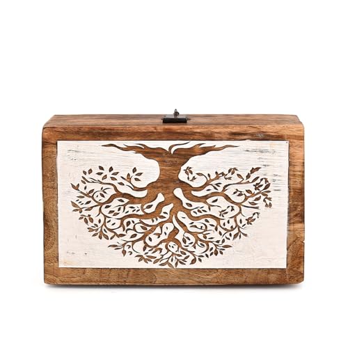 Decorative Tree of Life Pet Cremation Urn – Hand-Carved Mango Wood Keepsake Urn for Dogs & Cats – Wooden Memorial Ashes Box with Tree of Life Design (8" x 5" x 3")