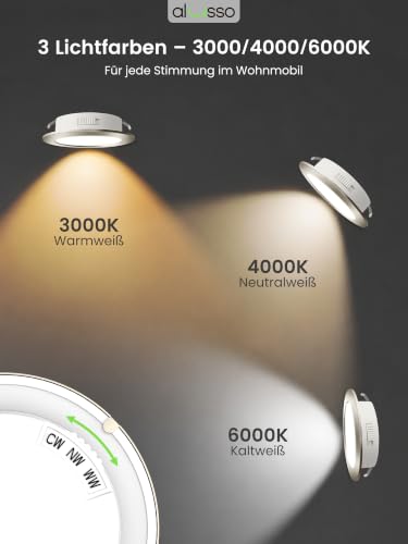 Alusso 12-24 V LED Recessed Ceiling Spotlight, IP44 Furniture Recessed Spotlight, Flat | 4 W, drill hole 55-58 mm and 14.5 mm flat, 3000 K warm white 4000 K neutral white 6000 K cool white, nickel, set of 3 Nickel, 12 V, Ø 55 – 58 Mm, Pack of 3 3er Set