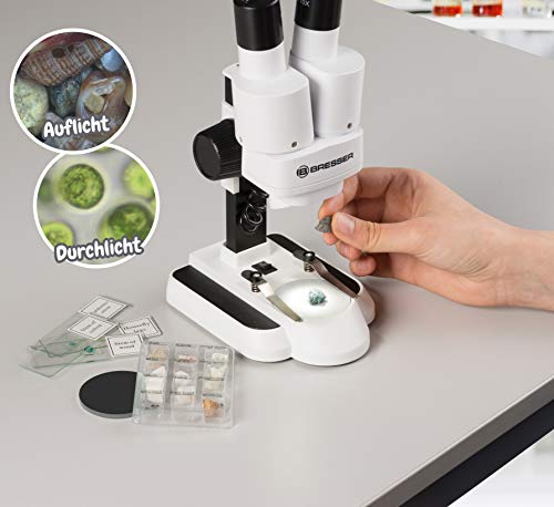 Bresser junior stereo 3D microscope ICD-Pro with 20x and 50x magnification for children and adults for the observation of stones, coins, insects and much more | Auflichtmikroskop und Durchlichtmikroskop, 12 Mineralproben, 5 Dauerpräparate, Binokulare S...