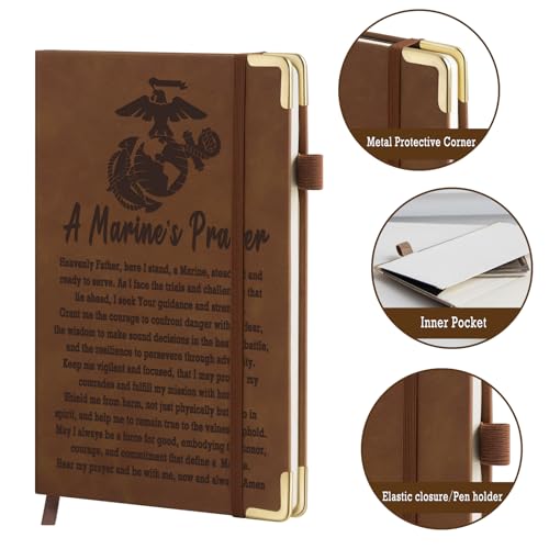 Marine Gifts Marine Corps Gifts for Men Religious Gift Military Leather Journal Notebook 200 Pages A5 Lined with Inner Pocket and Pen Appreciation Inspiration Gift for Marine Military Brwon