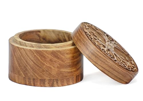 Small Wooden Urn for Human & Pet Ashes – Handcrafted Tree of Life Mini Memorial Keepsake – Decorative Round Cremation Urn for Dogs, Cats & Loved Ones Tree Design