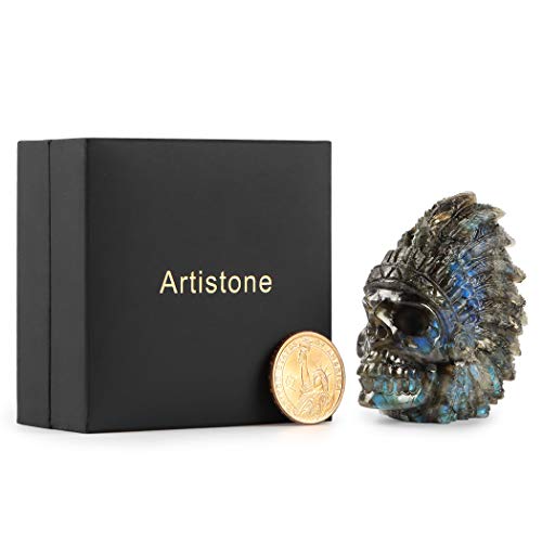SMQ 2.5" Native American Figurines Labradorite Crystal Indian Skull Head Statue,Hand Carved Gem Skull Figurine Ornament for Halloween Carnival Festival,Home,Closet Decor 2.3*2.5Inches
