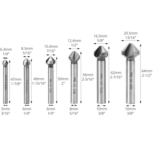 QWORK Countersink 90° 6.3-20.5 mm HSS Steel Countersink Drill Bit for Wood, Metal, Plastic, Pack of 6