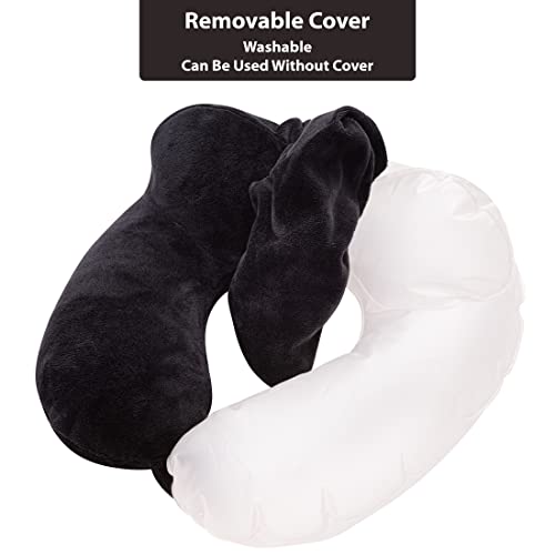 Inflatable Travel Neck Pillow: Extra-Soft, Cushion. for Airplanes, Trains, Cars, Portable Travel Accessory-with Carrying Pouch for Cell Phone and Passport Etc. (Black) (OW-103) Black