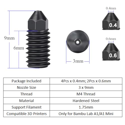 Pack of 6 A1/A1Mini Hardened Steel Nozzle for Bambu, 4 Pieces 0.4 mm, 2 Pieces 0.6 mm Hardened Steel Nozzle 3D Printer Extruder Nozzles for Bambulab A1/A1 Mini For Bambu A1/A1 Mini