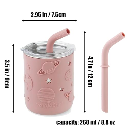 PandaEar Stainless Steel Baby Feeding Set | 2 Divided Suction Plates, 2 Spill-Proof Straw Cups with Silicone Sleeves, 2 Forks & 2 Spoons | Toddler Utensils for Baby Led Weaning, BPA-Free (Pink) Pink