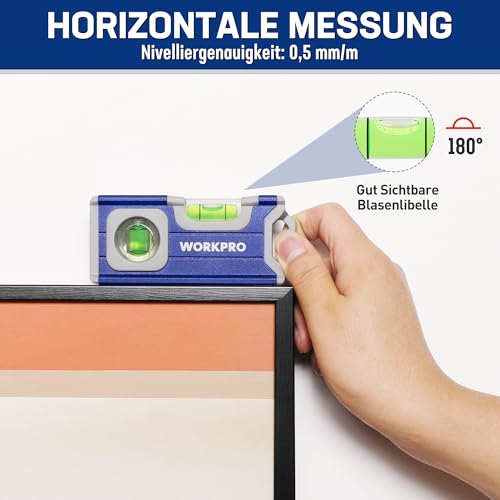 WORKPRO Magnetic Spirit Level 115mm Mini Spirit Level | With 2 levels 90°/180, hanging hole, aluminum alloy, strong magnet, groove design, for measurements