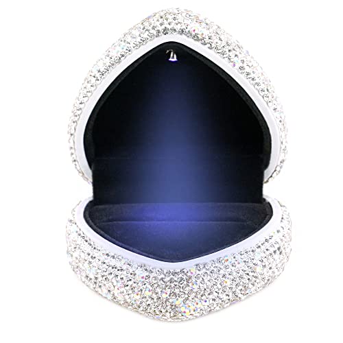 Naimo Full Rhinestone Heart Shaped Ring Box Velvet Holder Jewelry Box Organizer Display Case with LED Light for Proposal Engagement Wedding Birthday Gift White Full Rhinestone
