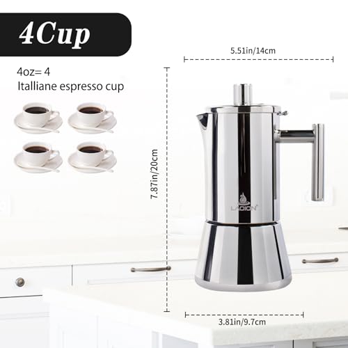 LAOION Stovetop Espresso Maker, 4Cup 6.8 oz Moka Pot, Stainless Steel Silver 4-Cup