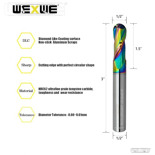 WEXWE extra-long DLC-coated ball nose carbide end mill with 2-flute router bit and 1/2-inch shank