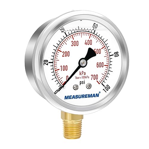 MEASUREMAN 0-100 psi/kPa liquid filled pressure gauge with brass 1/4 NPT adaptor and stainless steel probe sheath