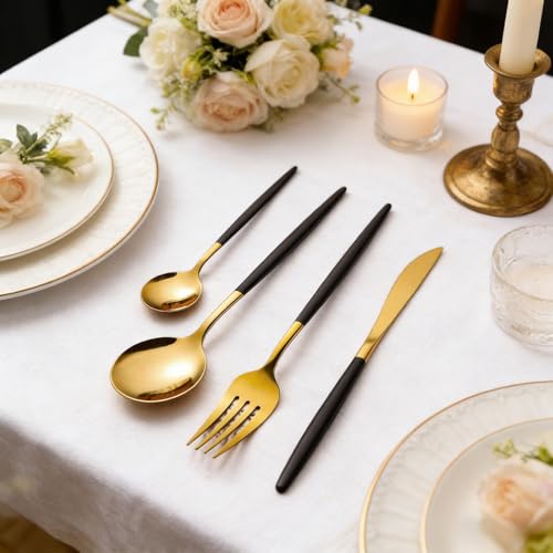 24-Piece Black Golden Flatware Set, Gold Silverware Set for 6, 18/0 Stainless Steel Knife Fork Spoon Teaspoon Silverware Set (Black Golden)