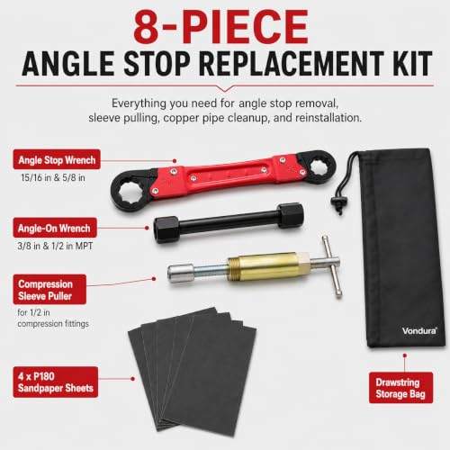 Vondura 8-piece angle stop wrench kit with compression sleeve puller, socket wrench set displayed content.