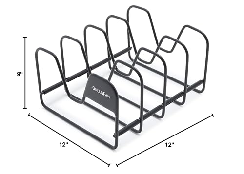 GreenPan Stainless Steel Wire Pots and Pans Lid Storage Rack, Holds 4 Lid Covers, Easy Storage, Countertop or Cabinent Organizer, Minimizes Clutter, Fast Drying, Wipes Clean, Black