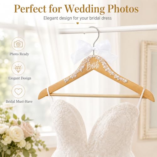 2 Pack Bride and Groom Wedding Hanger Set, Wooden Bride Hanger for Wedding Dress, Elegant Wedding Dress Hanger with Pearls and Bow Tie