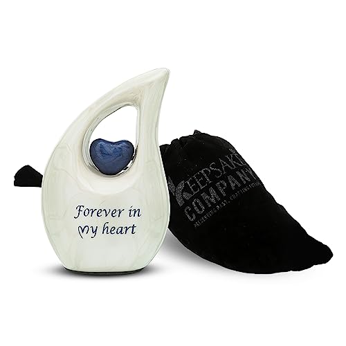 White Teardrop Small Urns for Human Ashes/Mini Urn with Dark Blue Heart/Cremation Keepsakes for Ashes/Ash Holders (White - Blue, Extra Small - EXS (3 Cu in)) Extra Small - EXS (3 Cubic Inch) White - Blue