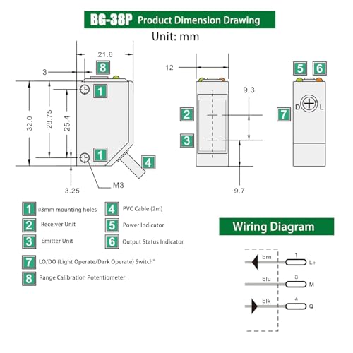BOJKEON BG-38P PNP photoelectric sensor with 5–350mm diffuse detection and 10–30VDC power input