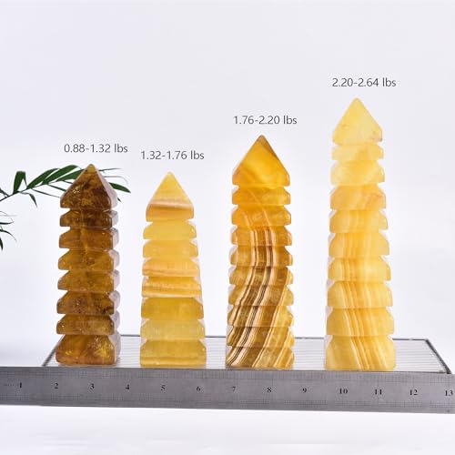 JIC Gem Natural Yellow Fluorite Crystal Carved Tower Multi-Storey Healing Crystal Wenchang Tower Statue Decoration Feng Shui Crystal Tower Collection Meditation Grid(0.8-1.3 lbs) 0.8-1.3 Pound