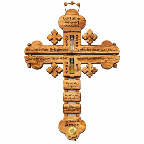 SAINT MICHAEL OLIVE WOOD FROM BETHLEHEM The Lord Prayer Our Father Prayer Wooden Wall Cross - Wall Hanging Religious Décor with The Lord's Prayer Cross, with Holy Water, Holy Oil