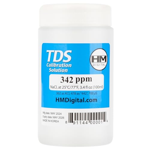 HM Digital C342 TDS and EC calibration solution, 342 ppm NaCl, 90 ml transparent blue bottle