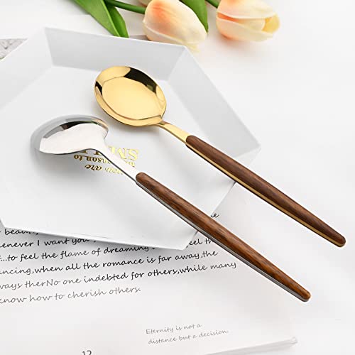 24 Pieces Wooden Handle flatware Set, Wood Stainless Steel Cutlery Set Dinner Knife Fork Spoon Teaspoon, Kitchen Utensils Silver Service For 6, Mirror Polish (Gold) Gold