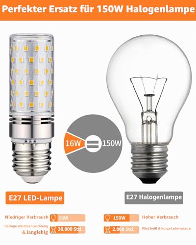 16 W LED Light Bulb E27 Neutral White 4000 K LED Bulb E27 Extra Bright Pack of 4 | 1600 lm LED bulb E27 narrow, equivalent to 150 W halogen lamp, AC 220-240 V, not dimmable, 30,000 hours