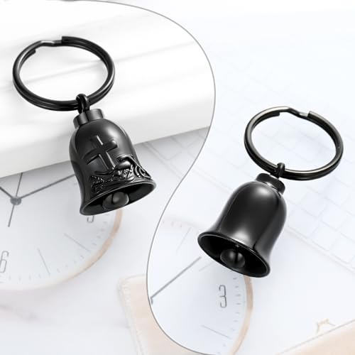 XSMZB Bell Urn Necklace for Ashes for Women Men Cross Motorcycle Cremation Jewelry Ashes Pendant for Human/Pet Keepsake Gift 2Pcs Keychain-Silver+Black