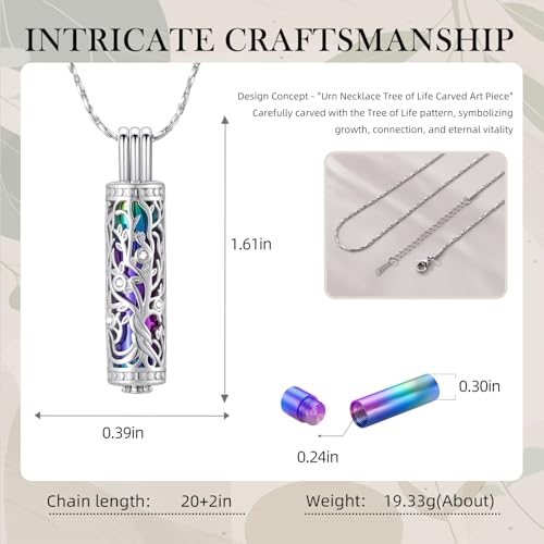 Cylinder Urn Necklace Crystal Tree of Life Cremation Jewelry Pendant for Women Men Vial Cremation Ash Pendant Loved One Memorial Jewelry with Mini Keepsake Urn Ash - Always In My Heart Silver-Colorful