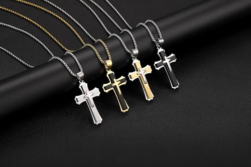 Jovivi Mens Cross Necklace for Men,Stainless Steel Silver Cross Crucifix Pendant Chain Necklace for Boys Men's Christian Confirmation Baptism Cross Chain Jewellery Easter Gifts Silver Cross Necklace