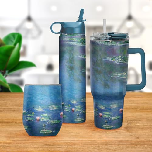 RainCaper 18/8 Stainless Steel Insulated Water Tumbler with Straw | 30oz, BPA-Free, Double Wall for Hot & Cold | Travel-Friendly, Cup Holder Ready (Monet Water Lilies) Monet Water Lilies