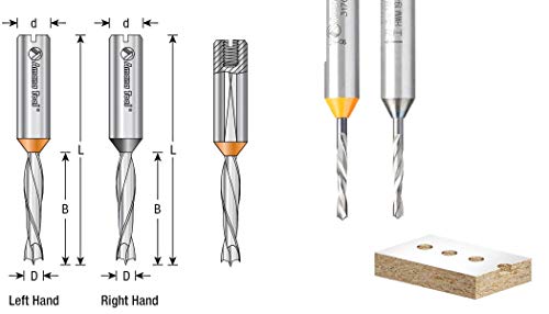 Amana Tool 215008 8mm solid carbide right-hand brad-point dowel drill bit with 57.5mm length and 10x25mm shank