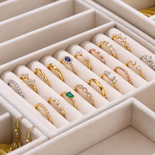 Velvet Jewelry Drawer Organizer Trays Large Beige Stackable, 4Layer