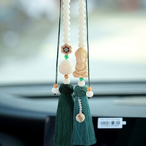 Buddha Statue Car Hanging Ornament, Rear View Mirror Accessories with Tassels, Decorative Fo Bao Ping an Charm (Green) Green