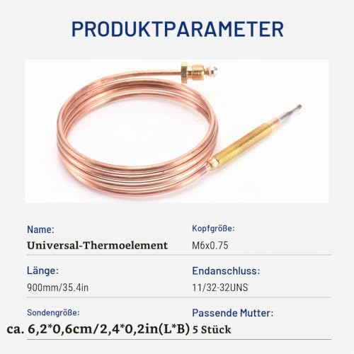 Thermocouple Gas Stove 900 mm M6 x 0.75 Universal Replacement Parts for Heater, Induction Cooker, Gas Stove and Other Burners, Accessories Burner