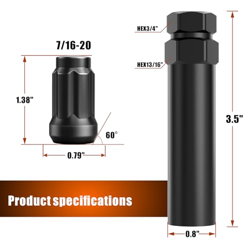 Gaemi black 7/16 spline lug nuts, 20-pack with M11.1x1.27 thread size