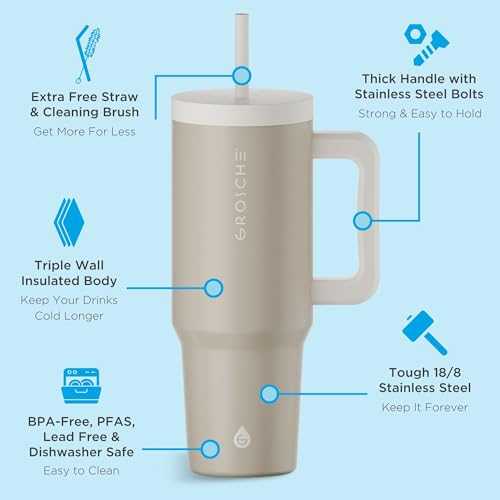 GROSCHE Aspen Insulated Tumbler with Handle and Straw, Sand Beige, 40 oz 40 Ounces