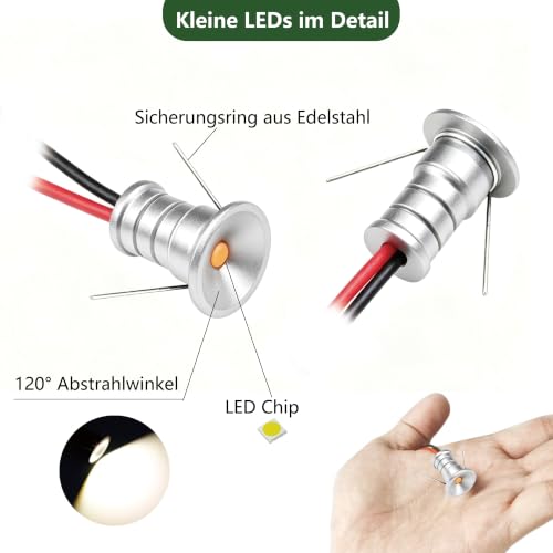 Set of 10 Mini LED Spotlights, 12 V, 0.5 W, Mini LED Recessed Spotlights, Ultra Small Installation Diameter 10 mm, Warm White 3000 K Ceiling Spotlights, IP65 LED Spotlights, Recessed Silver Warm White